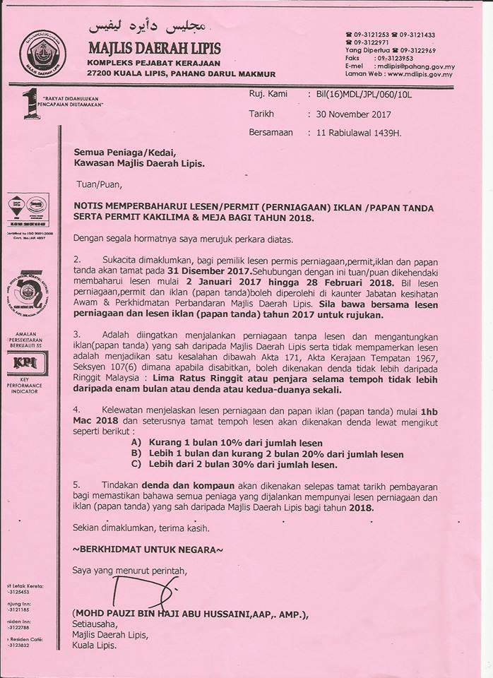 Notice Of Warning Official Portal Of Lipis District Council Mdl
